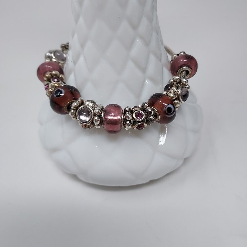 Slider Bracelet Silver Tone Charms Purple Glass Beads 7.5" to 8.5"